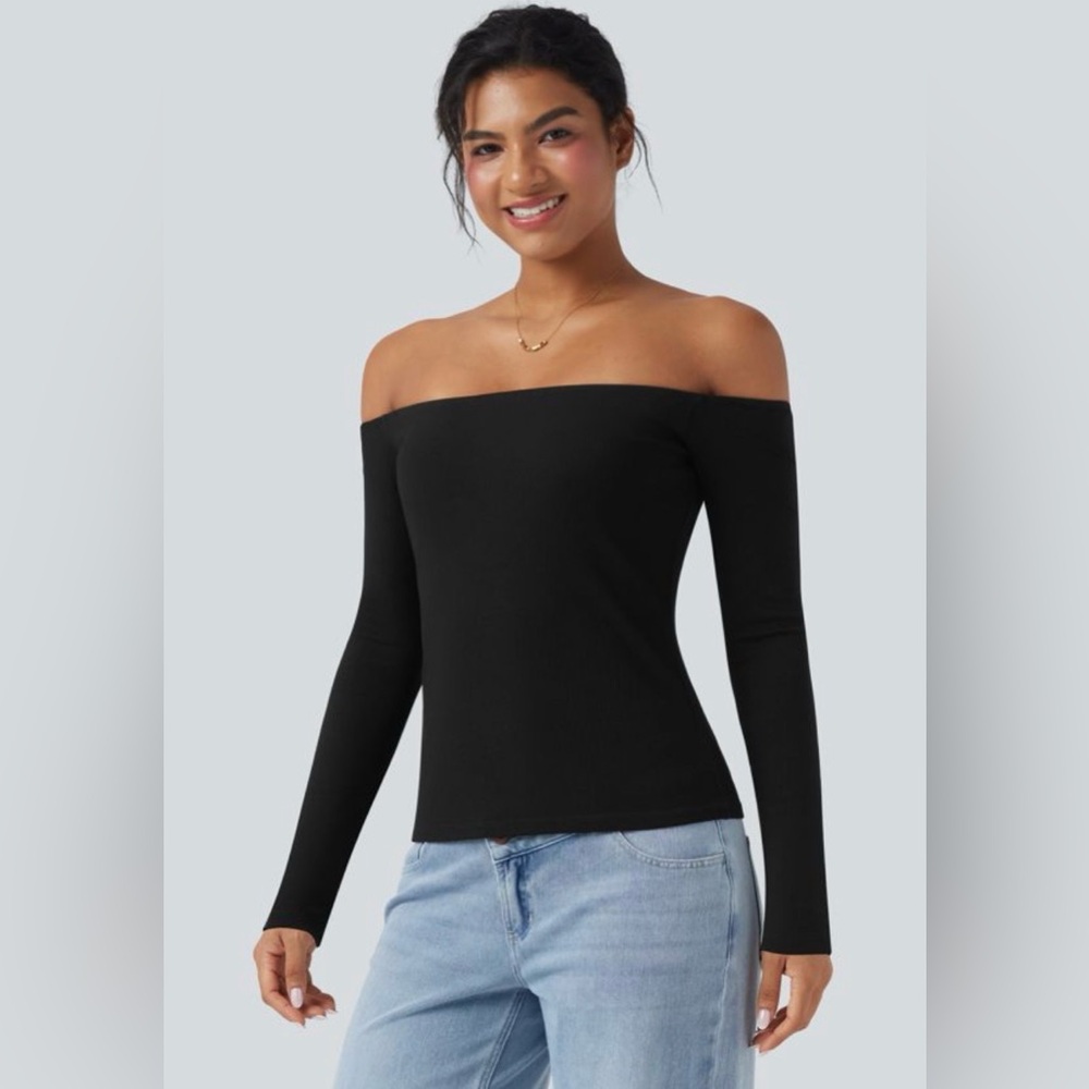NWT HALARA Black Ribbed Long Sleeve Off Shoulder Top medium